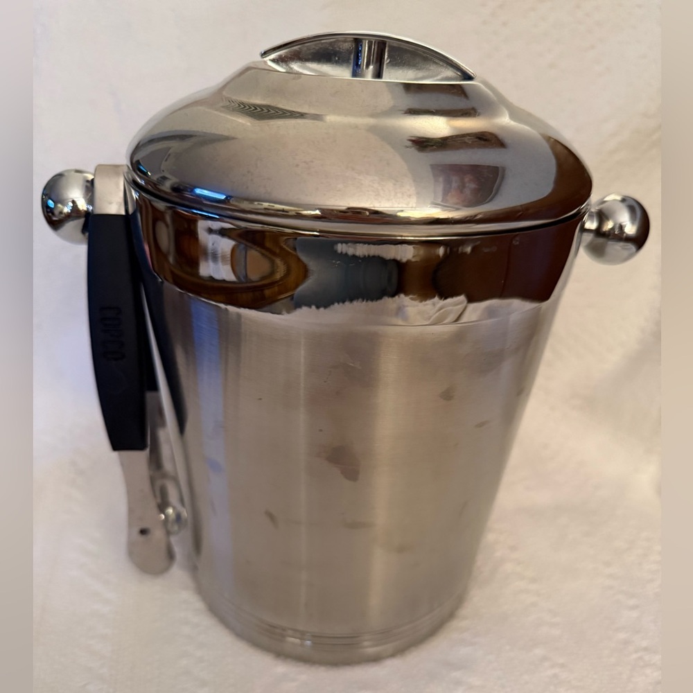 COPCO Vtg Mid Century Modern Stainless Ice Bucket Bar Shiny Chrome Lid Tongs - Picture 3 of 10